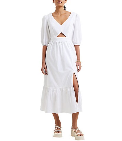French Connection Rhodes Cotton Poplin V-Neck 3/4 Sleeve Tiered Midi Dress