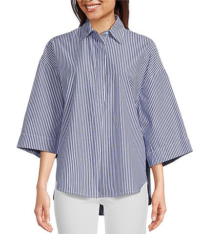 French Connection Rhodes Poplin Striped 3/4 Sleeve Point Collar Coordinating Oversized Shirt