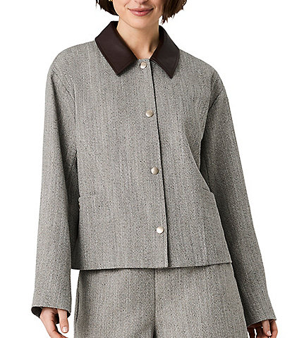 French Connection Speckled Herringbone Suiting Collared Long Sleeve Cropped Jacket