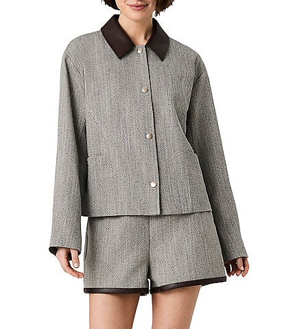 French Connection Speckled Herringbone Suiting Collared Long Sleeve Cropped Jacket