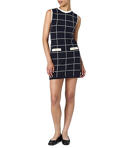 French Connection Stretch Knit Checked Print Crew Neck Sleeveless Mini Dress