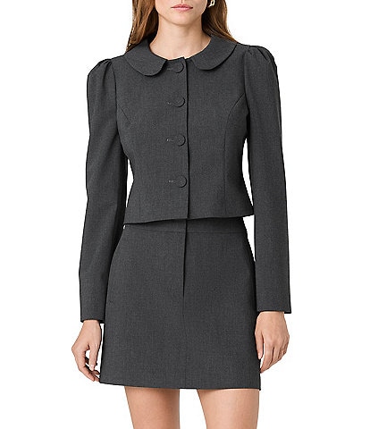 French Connection Tavi Stretchy Crosshatch Peter Pan Collar Puff Sleeves Button Front Coordinating Jacket