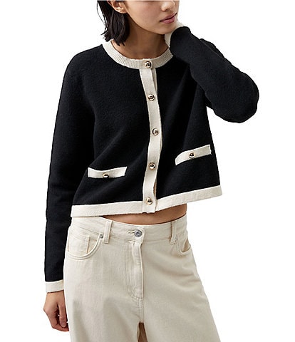 French Connection Vhari Crew Neck Long Sleeve Contrast Trim Button Front Cardigan