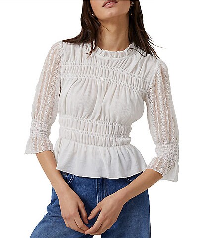 French Connection Viki 3/4 Lace Sleeve Ruched Fitted Jersey Top