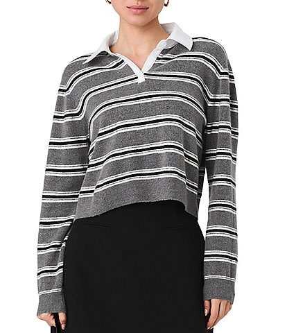 French Connection Yulia Knit Campus Stripe Contrast Collar Long Sleeve Pullover Top