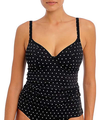 Freya Jewel Cove Dotted Print Non-Padded Plunge V-Neck Extended Bra Sizes Underwire Tankini Swim Top