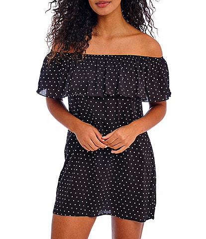 Freya Jewel Cove Dotted Print Off-the-Shoulder Swim Cover-Up Shift Dress