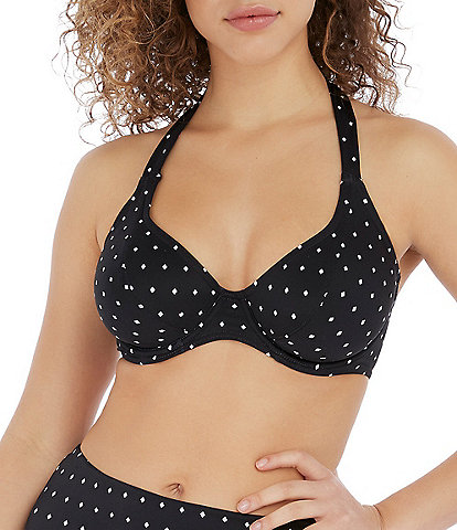 Freya Jewel Cove Dotted Print Plunge V-Neck Extended Bra Size Underwire Halter Tie Bikini Swim Top