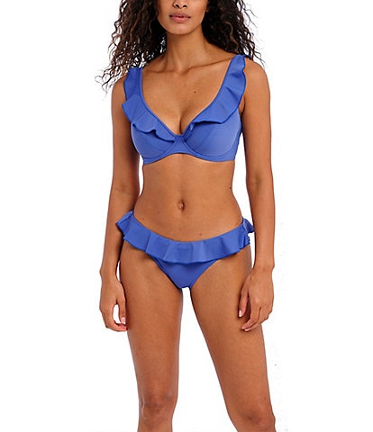 Freya Jewel Cove Hi-Apex Solid Plunge V-Neck Waterfall Edge Extended Bra Sizes Underwire Swim Top & Solid Hipster Swim Bottom