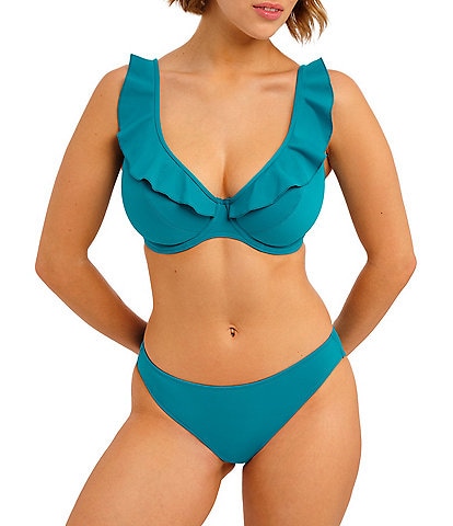 Freya Jewel Cove Hi-Apex Solid Plunge V-Neck Waterfall Edge Extended Bra Sizes Underwire Swim Top & Solid Hipster Swim Bottom