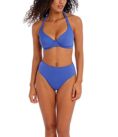 Freya Jewel Cove Solid Plunge V-Neck Extended Bra Sizes Underwire Halter Tie Bikini Swim Top & High Waist Bikini Swim Bottom