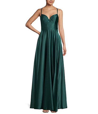 B. Darlin Front Slit Ball Strappy Back Satin Gown