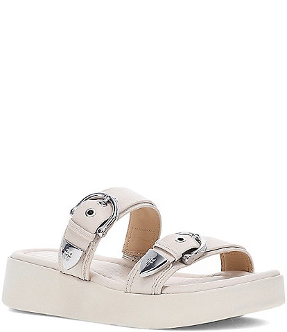 Frye Maya Leather Double Banded Buckle Platform Slide Sandals