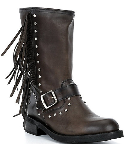Frye Viv Fringe Studded Leather Engineer Mid Calf Boots