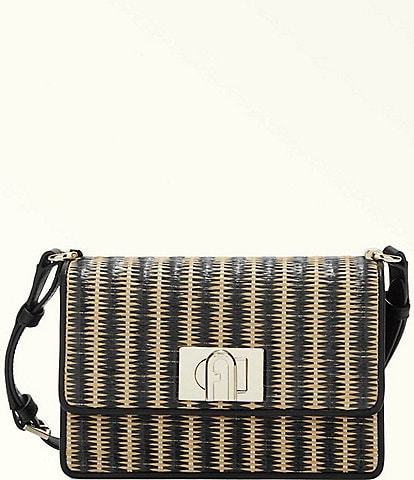 Furla 1927 Striped Rafia Straw Leather Mini Shoulder Bag