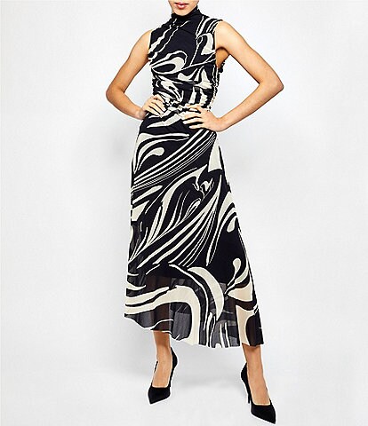FUZZI Tulle Mesh Knit Abstract Print Turtleneck Sleeveless A-Line Midi Dress