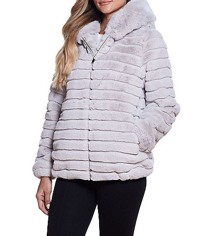 Gallery Faux Fur Stand Collar Long Sleeve Grooved Hooded Jacket