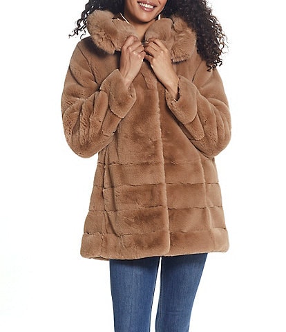 Gallery Grooved Faux Fur Stand Collar Hooded Snap Front Swing Coat