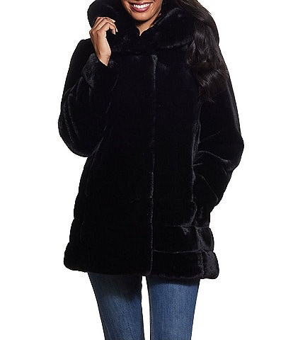 Gallery Grooved Faux Fur Stand Collar Hooded Snap Front Swing Coat