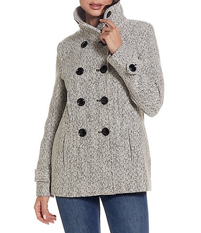 Gallery Herringbone Double Brested Wool Blend Button Front Peacoat