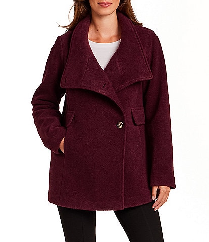 Gallery Ladies Woold Blend Wing Collar Water Resistant Asymmetrical Button Front Peacoat