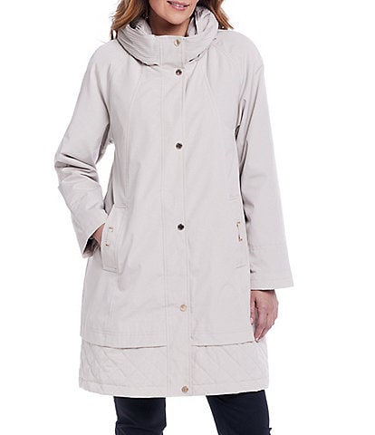 Gallery Solid Accordion Collar Snap Front A-Line Rain Jacket