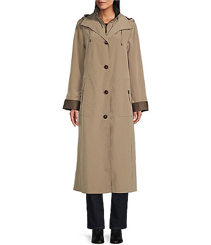 Gallery Stand Collar A-Line Hem Snap Front Maxi Rain Jacket
