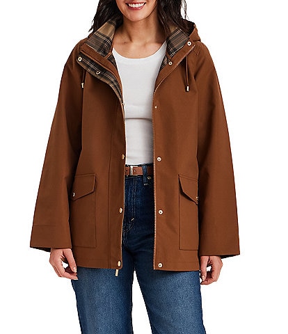 Gallery Stand Collar Back Slit Hem Snap Front A-Line Rain Jacket