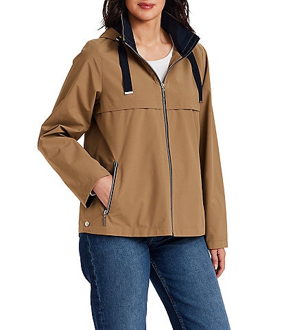 Gallery Stand Collar Drawcord Hooded Packable Zip Front Rain Jacket