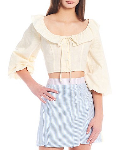 GB Coordinating 3/4 Puff Sleeve Ruffle Boat Neck Tie Button Front Princess Striped Cropped Blouse