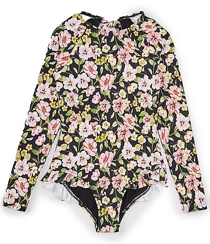 GB Big Girls 7-16 Floral Long Sleeve Ruffle One-Piece Swimsuit