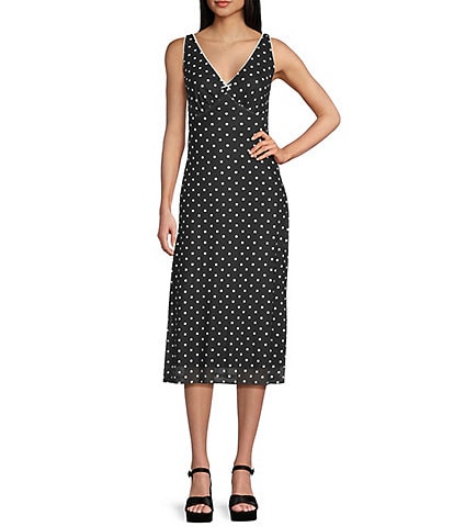 GB Bow Detail Mesh Tie Back Polka Dotted Midi Dress