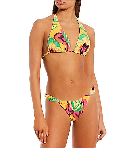 GB Bright Bloom Scrunchie Textured Two-Way Convertible Bralette Halter Swim Top & Tanga High Leg Hipster Swim Bottom