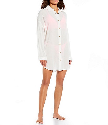 GB Button Front Long Sleeve Shirt Dress Cover-Up