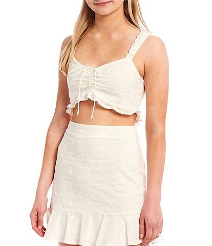 GB Coordinating Cinched Tie Front Smocked Back Ruffle Hem Cropped Eyelet Tank Top