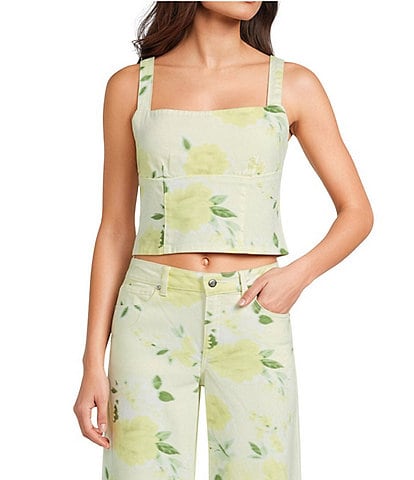 GB Coordinating Woven Floral Print Square Neck Denim Tank Top