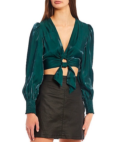 GB Balloon Sleeve O-Ring Tie Front Cropped Top