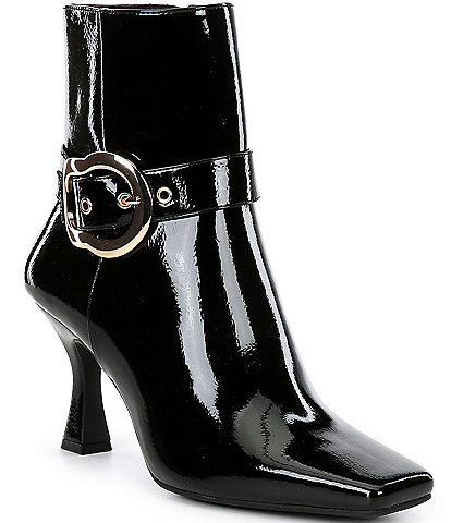 GB Face-Card Patent Oversized Buckle Heeled Booties