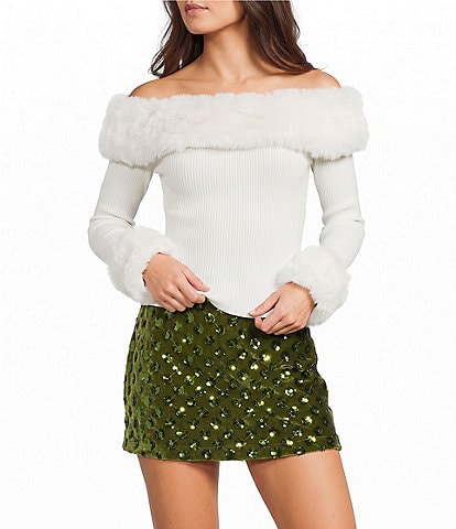 GB Faux Fur Trim Off-The-Shoulder Sweater