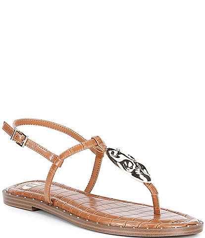 GB First-Light Croc-Embossed T-Strap Flat Sandals