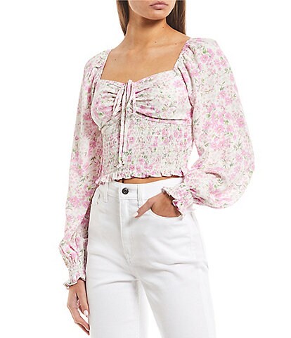 GB Floral Print Long Sleeve Smocked Cropped Blouse