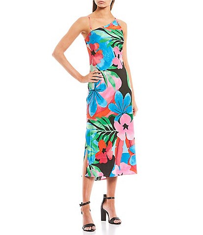 GB Floral Print Satin One-Shoulder Tie Back Midi Dress