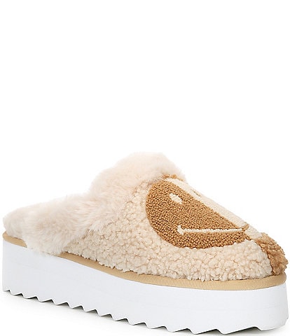 GB Happy-Daze Faux Shearling Colorblock Smiley Face Platform Slippers