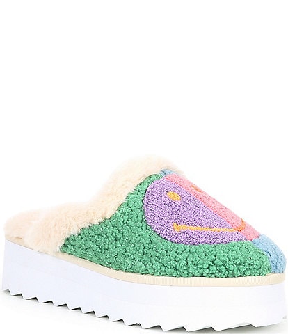 GB Happy-Daze Faux Shearling Colorblock Smiley Face Platform Slippers