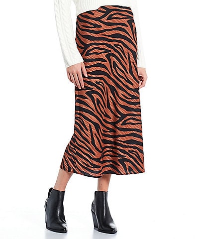 GB High Rise Zebra Print Satin Midi Skirt