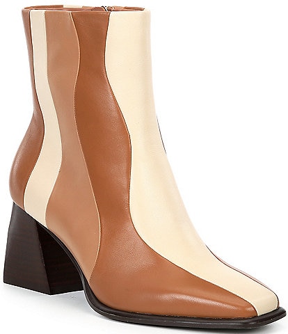 GB Holy-Grail 3 Wavy Pieced Colorblock Leather Block Heel Booties