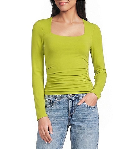 GB Knit Ruched Long Sleeve Square Neck Tee
