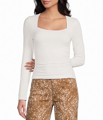 GB Knit Ruched Long Sleeve Square Neck Tee