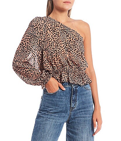 GB Leopard One Shoulder Woven Cropped Top