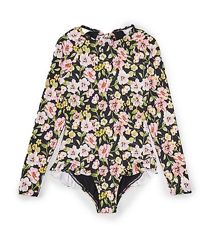 GB Little Girls 2T-6X Floral Long Sleeve Ruffle One-Piece Swimsuit